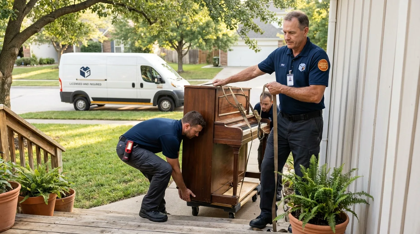 Licensed piano movers securing grand piano in Caliente, NV