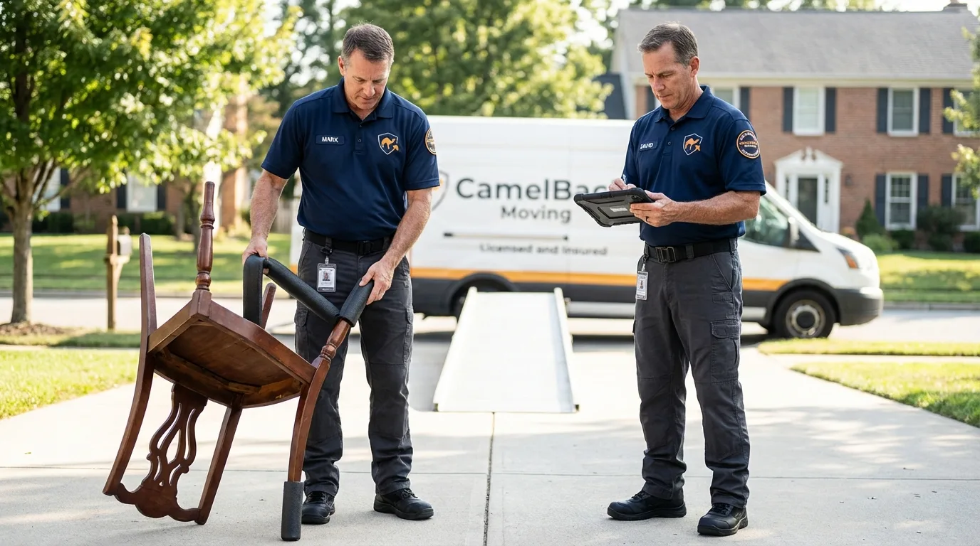 Movers inspecting furniture for damage prevention before loading in Caliente, NV