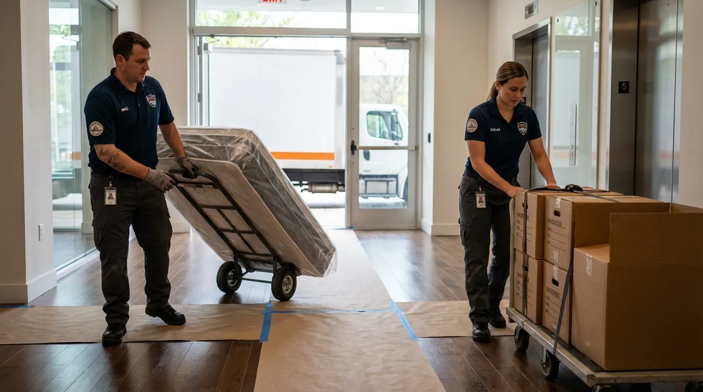 Professional apartment movers loading elevator in Caliente, NV