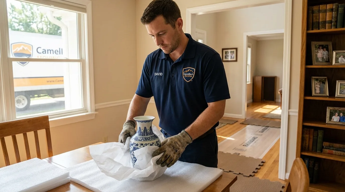 Professional crew carefully wrapping antique vase for senior downsizing move in Caliente, NV